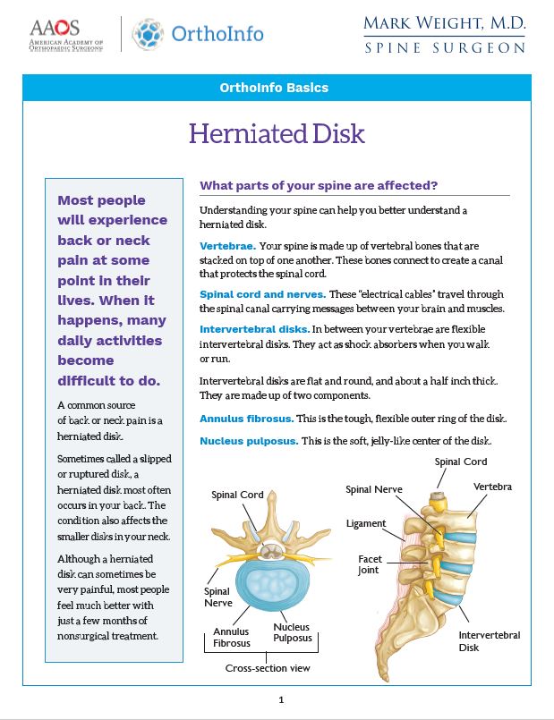 Herniated disk PDF link for spine surgeon Mark Weight, MD in Idaho Falls.