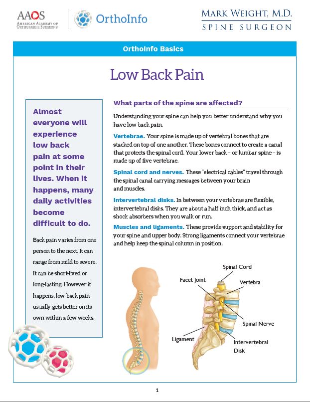 Low back pain PDF link for spine surgeon Mark Weight, MD in Idaho Falls.